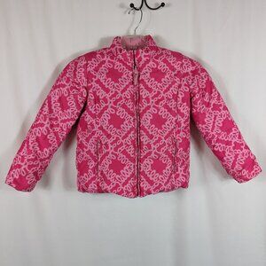 Lilly Pulitzer Girls Pink Reversible Puff Jacket All Over Logo Palm Tree Sz 12
